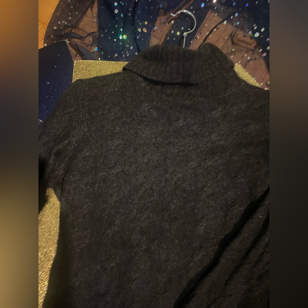 BLOOMINGDALES 100% CASHMERE DEEP GREY BRAIDED TURTLENECK COZY CABLE KNIT Sweater